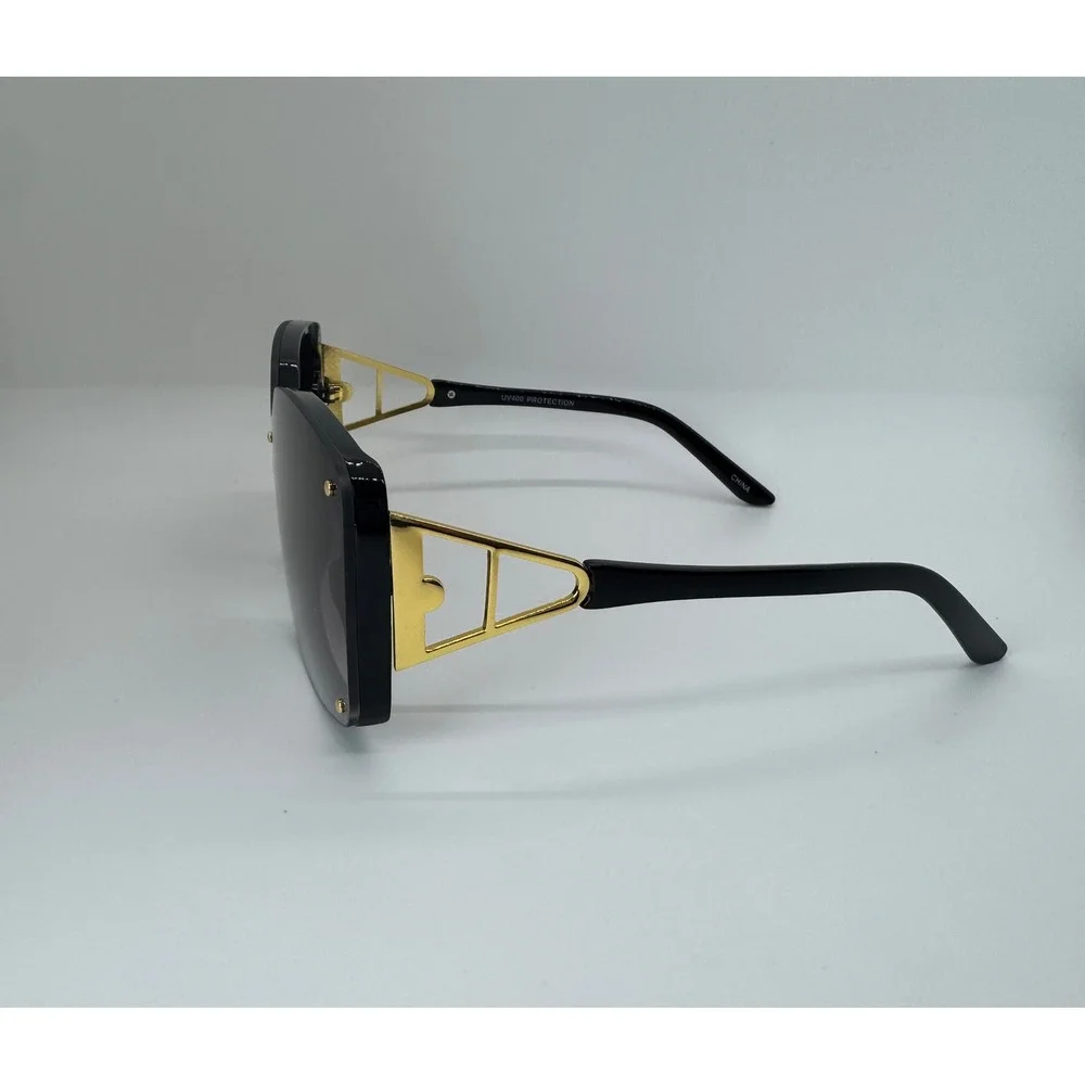 Oversized Square Sunglasses Black Gold Studded Geometric Temple UV400 Protection